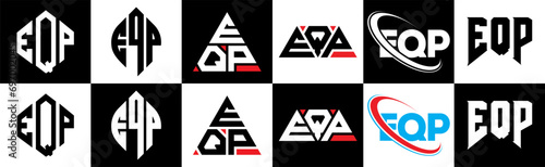 EQP letter logo design in six style. EQP polygon, circle, triangle, hexagon, flat and simple style with black and white color variation letter logo set in one artboard. EQP minimalist and classic logo
