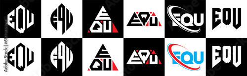 EQU letter logo design in six style. EQU polygon, circle, triangle, hexagon, flat and simple style with black and white color variation letter logo set in one artboard. EQU minimalist and classic logo