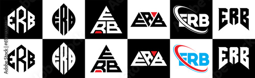 ERB letter logo design in six style. ERB polygon, circle, triangle, hexagon, flat and simple style with black and white color variation letter logo set in one artboard. ERB minimalist and classic logo