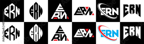 ERN letter logo design in six style. ERN polygon, circle, triangle, hexagon, flat and simple style with black and white color variation letter logo set in one artboard. ERN minimalist and classic logo