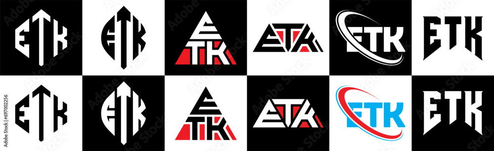 ETK letter logo design in six style. ETK polygon, circle, triangle, hexagon, flat and simple style with black and white color variation letter logo set in one artboard. ETK minimalist and classic logo