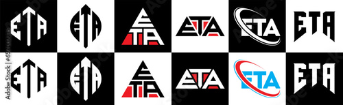 ETA letter logo design in six style. ETA polygon, circle, triangle, hexagon, flat and simple style with black and white color variation letter logo set in one artboard. ETA minimalist and classic logo