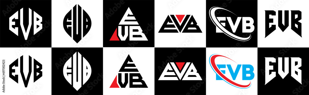 EVB letter logo design in six style. EVB polygon, circle, triangle, hexagon, flat and simple style with black and white color variation letter logo set in one artboard. EVB minimalist and classic logo EVB letter logo design in six style. EVB polygon, circle, triangle, hexagon, flat and simple style with black and white color variation letter logo set in one artboard. EVB minimalist and classic logo
