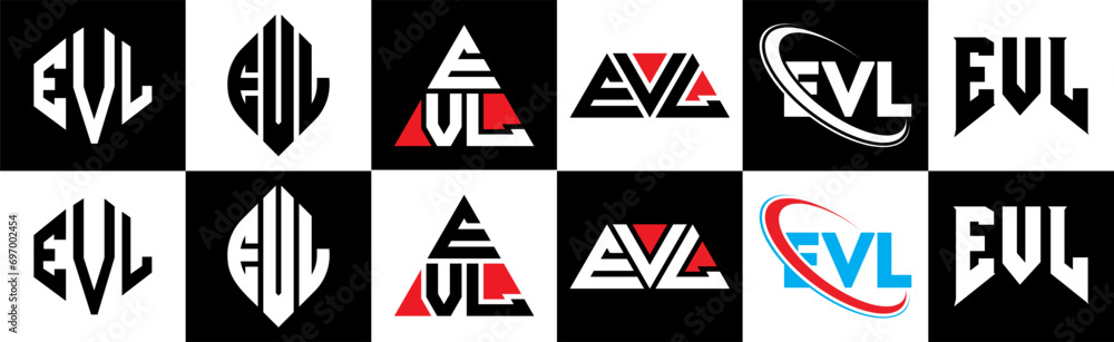EVL letter logo design in six style. EVL polygon, circle, triangle, hexagon, flat and simple style with black and white color variation letter logo set in one artboard. EVL minimalist and classic logo EVL letter logo design in six style. EVL polygon, circle, triangle, hexagon, flat and simple style with black and white color variation letter logo set in one artboard. EVL minimalist and classic logo