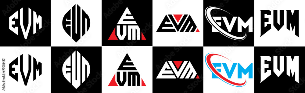 EVM letter logo design in six style. EVM polygon, circle, triangle, hexagon, flat and simple style with black and white color variation letter logo set in one artboard. EVM minimalist and classic logo EVM letter logo design in six style. EVM polygon, circle, triangle, hexagon, flat and simple style with black and white color variation letter logo set in one artboard. EVM minimalist and classic logo
