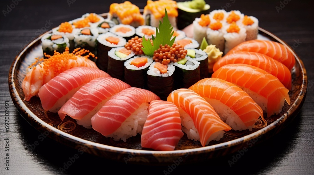 Culinary Art of Sushi: Assorted Nigiri and Rolls Presented on a Traditional Japanese Plate