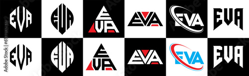 EVA letter logo design in six style. EVA polygon, circle, triangle, hexagon, flat and simple style with black and white color variation letter logo set in one artboard. EVA minimalist and classic logo