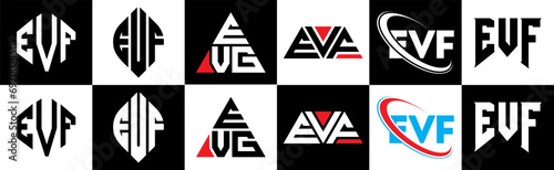 EVF letter logo design in six style. EVF polygon, circle, triangle, hexagon, flat and simple style with black and white color variation letter logo set in one artboard. EVF minimalist and classic logo photo