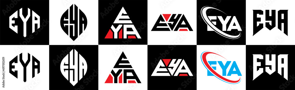 EYA letter logo design in six style. EYA polygon, circle, triangle, hexagon, flat and simple style with black and white color variation letter logo set in one artboard. EYA minimalist and classic logo EYA letter logo design in six style. EYA polygon, circle, triangle, hexagon, flat and simple style with black and white color variation letter logo set in one artboard. EYA minimalist and classic logo