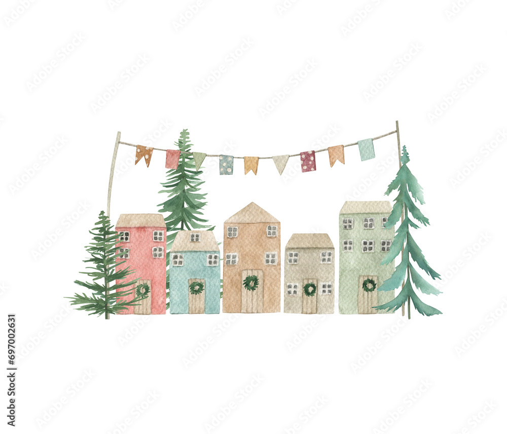 Watercolor Christmas card with houses, fir-tree and garland. Hand drawn  illustration on white background.  Vintage plant