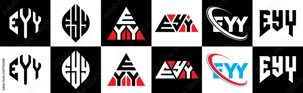 EYY letter logo design in six style. EYY polygon, circle, triangle, hexagon, flat and simple style with black and white color variation letter logo set in one artboard. EYY minimalist and classic logo EYY letter logo design in six style. EYY polygon, circle, triangle, hexagon, flat and simple style with black and white color variation letter logo set in one artboard. EYY minimalist and classic logo