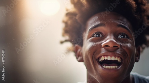 A Young Man Laughs Wholeheartedly Against a Sunlit Background photo