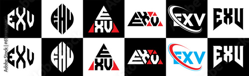 EXV letter logo design in six style. EXV polygon, circle, triangle, hexagon, flat and simple style with black and white color variation letter logo set in one artboard. EXV minimalist and classic logo photo