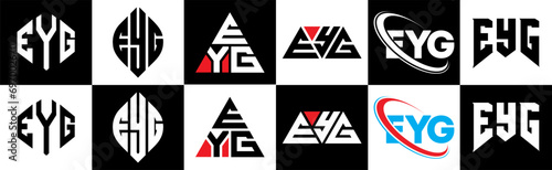 EYG letter logo design in six style. EYG polygon, circle, triangle, hexagon, flat and simple style with black and white color variation letter logo set in one artboard. EYG minimalist and classic logo photo