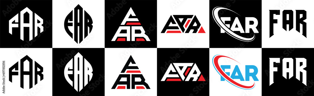 FAR letter logo design in six style. FAR polygon, circle, triangle, hexagon, flat and simple style with black and white color variation letter logo set in one artboard. FAR minimalist and classic logo FAR letter logo design in six style. FAR polygon, circle, triangle, hexagon, flat and simple style with black and white color variation letter logo set in one artboard. FAR minimalist and classic logo