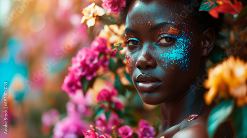 A black woman completely surrounded by flowers