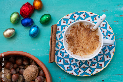 Traditional Turkish Drink Sahlep (Salep), Blanket in the Winter Mood Photo, Uskudar Istanbul, Turkiye (Turkey) photo