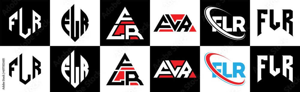 FLR letter logo design in six style. FLR polygon, circle, triangle, hexagon, flat and simple style with black and white color variation letter logo set in one artboard. FLR minimalist and classic logo FLR letter logo design in six style. FLR polygon, circle, triangle, hexagon, flat and simple style with black and white color variation letter logo set in one artboard. FLR minimalist and classic logo