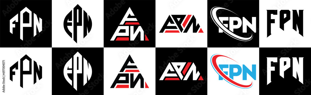FPN letter logo design in six style. FPN polygon, circle, triangle, hexagon, flat and simple style with black and white color variation letter logo set in one artboard. FPN minimalist and classic logo FPN letter logo design in six style. FPN polygon, circle, triangle, hexagon, flat and simple style with black and white color variation letter logo set in one artboard. FPN minimalist and classic logo