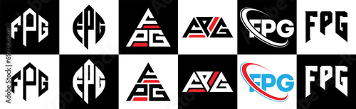 FPG letter logo design in six style. FPG polygon, circle, triangle, hexagon, flat and simple style with black and white color variation letter logo set in one artboard. FPG minimalist and classic logo