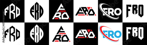 FRO letter logo design in six style. FRO polygon, circle, triangle, hexagon, flat and simple style with black and white color variation letter logo set in one artboard. FRO minimalist and classic logo