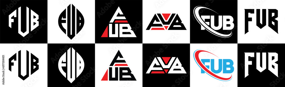 Obraz premium FUB letter logo design in six style. FUB polygon, circle, triangle, hexagon, flat and simple style with black and white color variation letter logo set in one artboard. FUB minimalist and classic logo