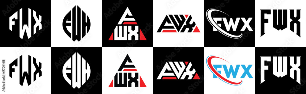 Obraz premium FWX letter logo design in six style. FWX polygon, circle, triangle, hexagon, flat and simple style with black and white color variation letter logo set in one artboard. FWX minimalist and classic logo