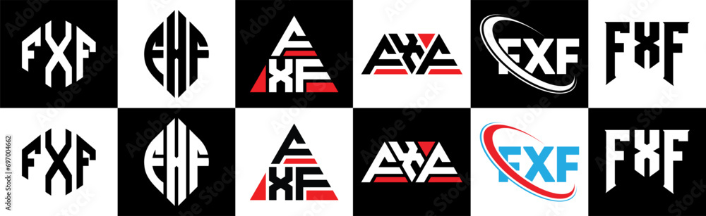 FXF letter logo design in six style. FXF polygon, circle, triangle, hexagon, flat and simple style with black and white color variation letter logo set in one artboard. FXF minimalist and classic logo FXF letter logo design in six style. FXF polygon, circle, triangle, hexagon, flat and simple style with black and white color variation letter logo set in one artboard. FXF minimalist and classic logo
