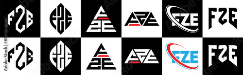 FZE letter logo design in six style. FZE polygon, circle, triangle, hexagon, flat and simple style with black and white color variation letter logo set in one artboard. FZE minimalist and classic logo