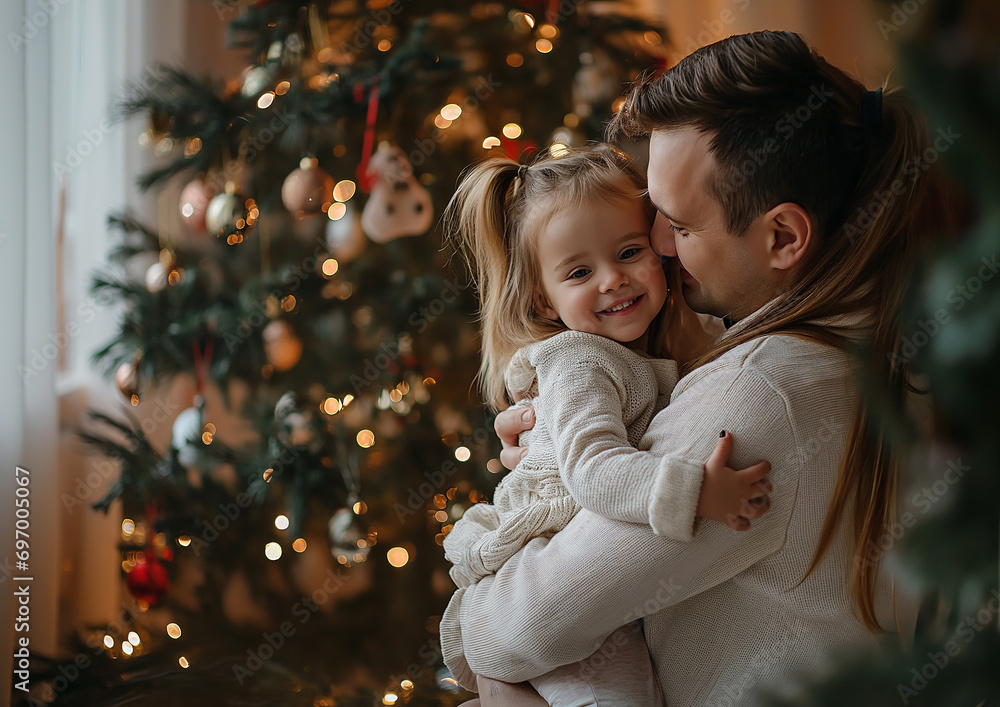 Photo family with little daughter together by the christmas tree, daylight Photo family with little daughter together by the christmas tree, daylight