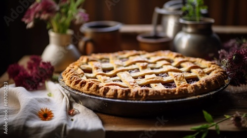 A Freshly Baked Homemade Pie with a Perfectly Crafted Lattice Crust