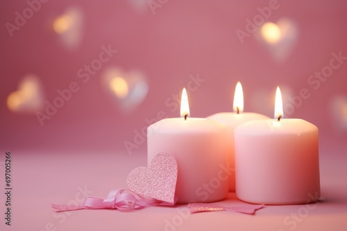 pink burning candles with heart cards on a pink background. love  romance  Valentine s day