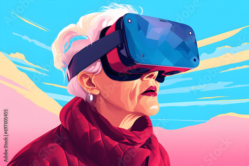 an elderly lady in virtual reality glasses. multicolor © lena