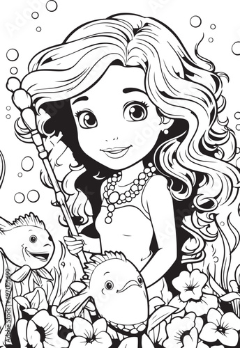 happy mermaid cute outline coloring page illustration