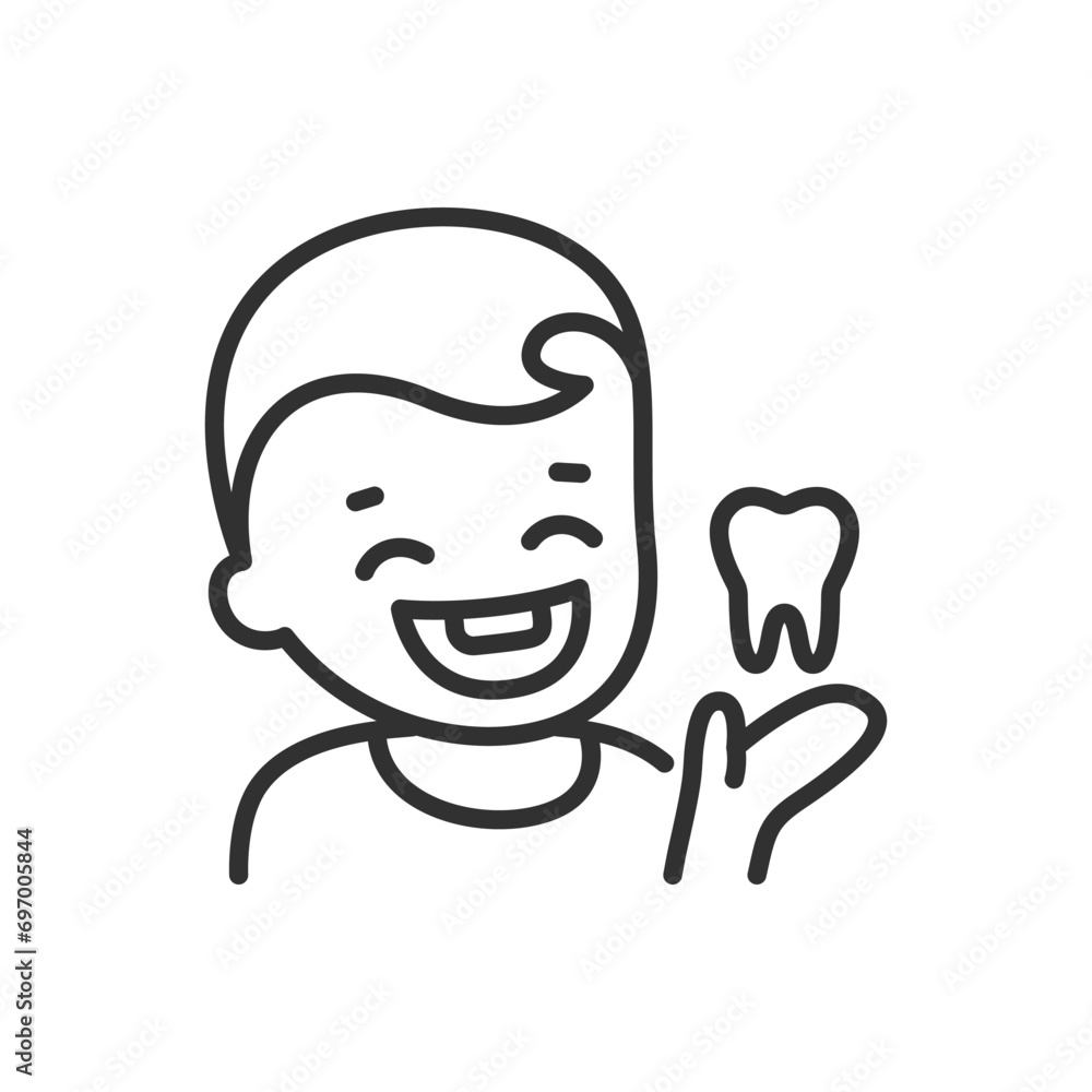 Removal of teeth in children, linear icon. A child holds a tooth. Line with editable stroke Removal of teeth in children, linear icon. A child holds a tooth. Line with editable stroke