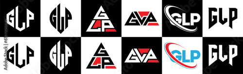 GLP letter logo design in six style. GLP polygon, circle, triangle, hexagon, flat and simple style with black and white color variation letter logo set in one artboard. GLP minimalist and classic logo
