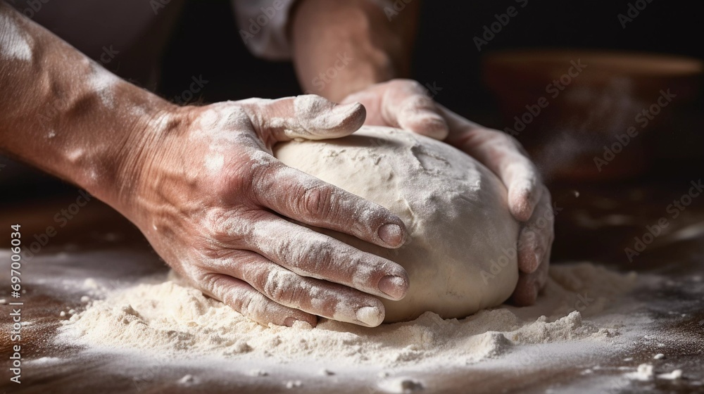 The Art of Bread Making: A Baker's Hands Kneading Dough with Precision on a Floured Surface