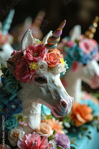Unicorn figure adorned with vibrant flowers