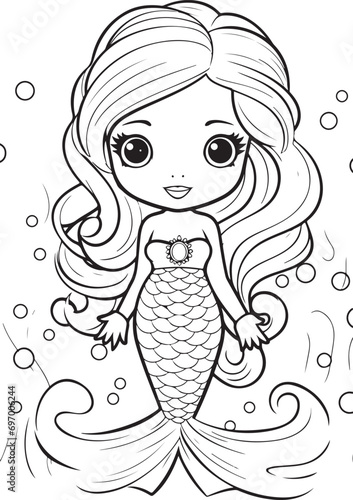 happy mermaid cute outline coloring page illustration