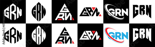 GRN letter logo design in six style. GRN polygon, circle, triangle, hexagon, flat and simple style with black and white color variation letter logo set in one artboard. GRN minimalist and classic logo photo