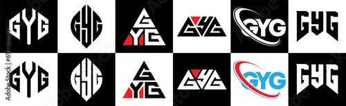 GYG letter logo design in six style. GYG polygon, circle, triangle, hexagon, flat and simple style with black and white color variation letter logo set in one artboard. GYG minimalist and classic logo photo