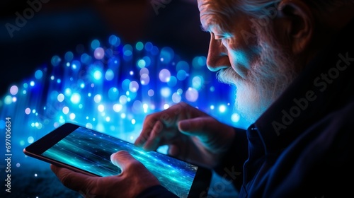 An elderly man with a beard works on a computer, digital technology and artificial intelligence in action.