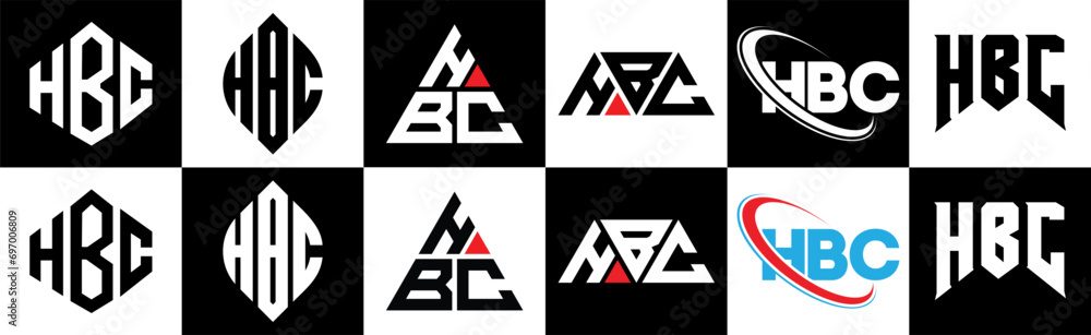 HBC letter logo design in six style. HBC polygon, circle, triangle, hexagon, flat and simple style with black and white color variation letter logo set in one artboard. HBC minimalist and classic logo