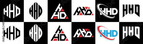HHD letter logo design in six style. HHD polygon, circle, triangle, hexagon, flat and simple style with black and white color variation letter logo set in one artboard. HHD minimalist and classic logo