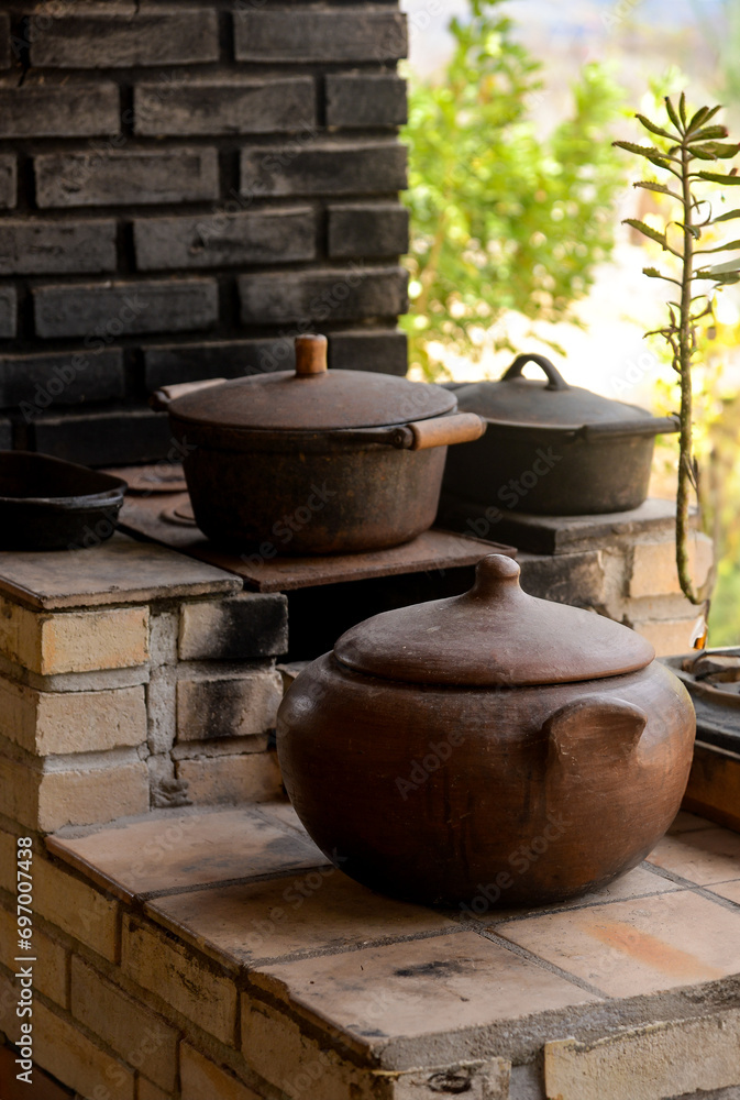 pots, pots in garden, old clay pots on the farm, old clay pots, farm hotel, farm house