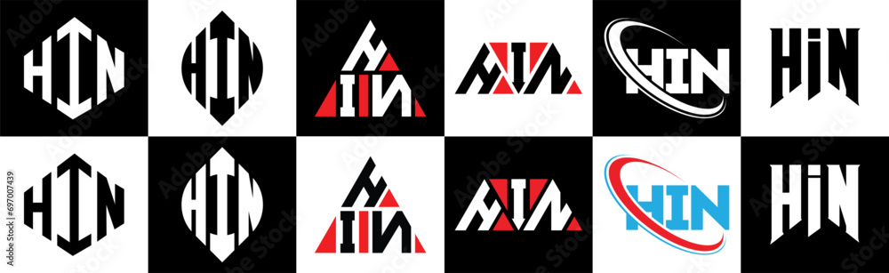 HIN letter logo design in six style. HIN polygon, circle, triangle, hexagon, flat and simple style with black and white color variation letter logo set in one artboard. HIN minimalist and classic logo