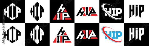 HIP letter logo design in six style. HIP polygon, circle, triangle, hexagon, flat and simple style with black and white color variation letter logo set in one artboard. HIP minimalist and classic logo