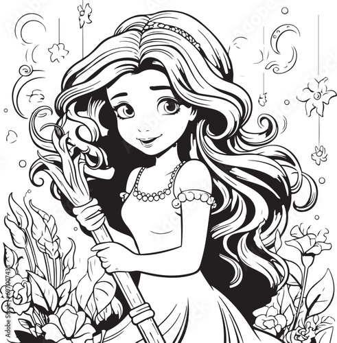 happy mermaid cute outline coloring page illustration