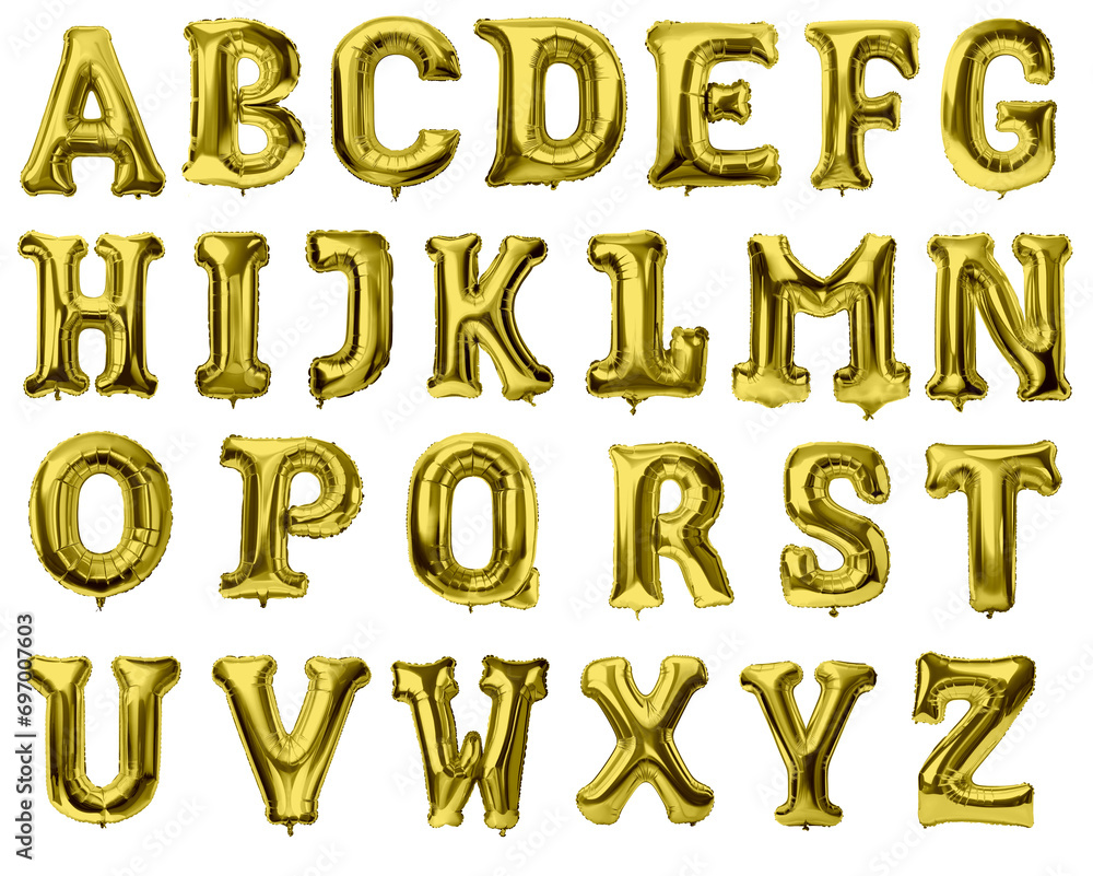 Letters of alphabet made with foil gold birthday balloons Letters of alphabet made with foil gold birthday balloons