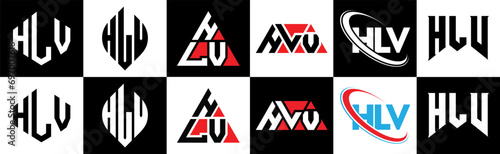 HLV letter logo design in six style. HLV polygon, circle, triangle, hexagon, flat and simple style with black and white color variation letter logo set in one artboard. HLV minimalist and classic logo
